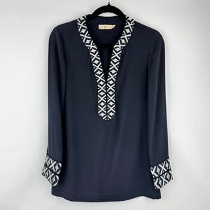Tory Burch Tunic Top Womens Sz 4 Navy Blue Long Sleeve Embroidered V Neck Zip